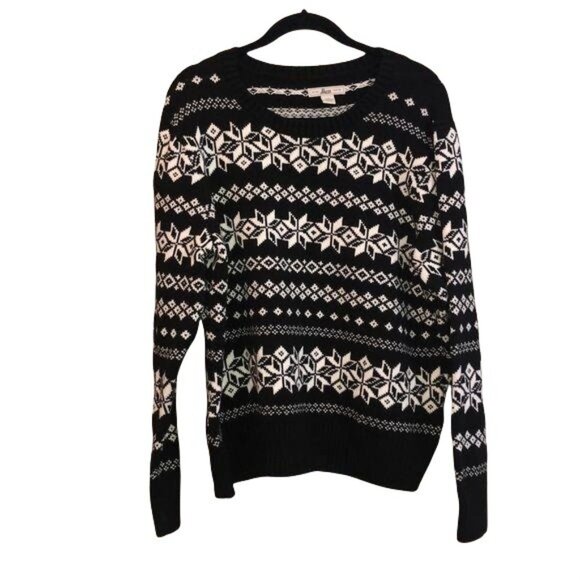 Black White Bass XXL Nordic Snowflake Pattern Sweater Winter Knit Pullover - Picture 1 of 5